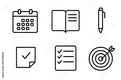 Task management icons. Linear icon set for planning, scheduling, and productivity. Includes calendar, checklist, notebook, pen, sticky note, and goal target vector symbols.