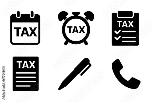 Tax deadline vector icon set. Solid glyph pictograms for tax day reminders, filing returns, and financial administration. Calendar, clock, checklist, form, document, and phone.