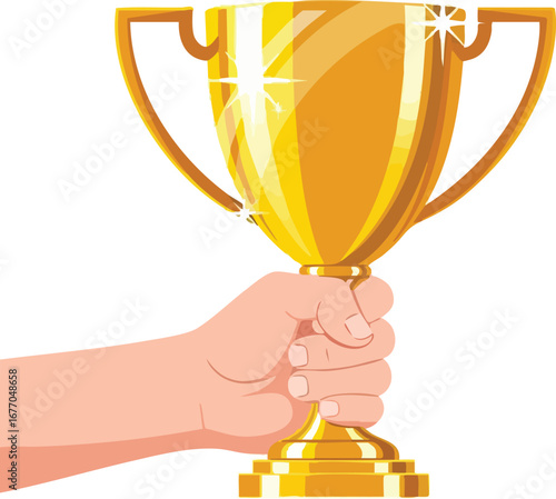 Hand holding golden trophy cup illustration gold winner  celebration  background  cup  recognition  illustration  element