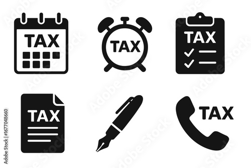 Tax deadline solid glyph icon set. Tax day reminder calendar, alarm clock, checklist form, document sign, phone call for advice. Financial payment, return, report, accounting.