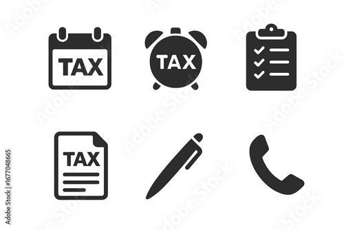 Tax deadline solid icon set. Vector symbols for tax day reminder, calendar date, alarm clock, document filing, checklist, and financial planning. Finance business concept.