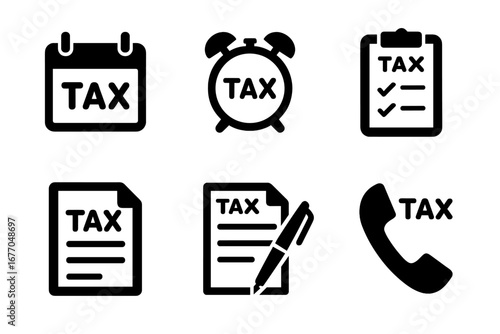 Tax time icon set. Vector collection of tax deadline and reminder symbols. Financial business icons like calendar, alarm clock, checklist, tax form, document, and phone support.