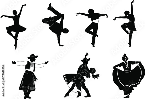 Dance silhouette vector set, ballet, breakdance, contemporary, ballroom, folk, Latin, traditional costumes, black and white sketch, cultural movement, illustration