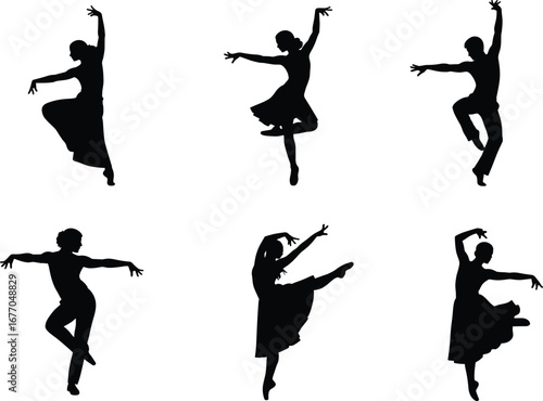 Ballet dancer silhouette, graceful pose illustration, elegant movement vector, classical dance art, black figure design, expressive choreography, white background, artistic concept