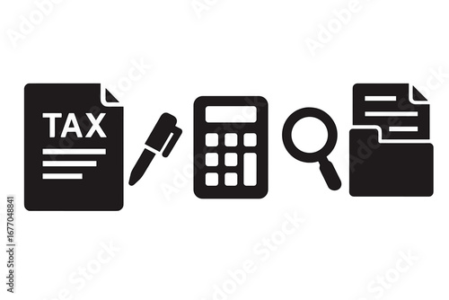 Tax filing solid icon set. Finance and accounting glyph symbols collection. Vector icons of tax form, calculator, pen, magnifying glass for audit and document folder for bookkeeping.