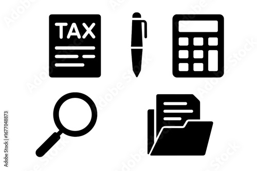 Tax filing solid icon set. Vector icons of tax form, calculator, pen, document folder, magnifying glass. Finance, accounting, audit, and bookkeeping concept. Tax season symbols.