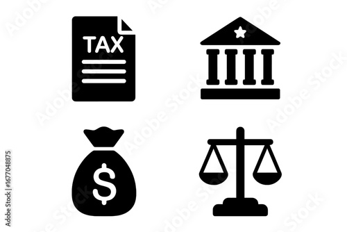 Taxation icon set. Government financial regulation and legal justice symbols. Tax form, money bag, courthouse building, and law scale. Vector finance and law concept illustration.