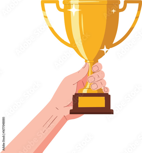 Hand holding golden trophy gold award winner champion success  holding  success  competition trophy  gesture