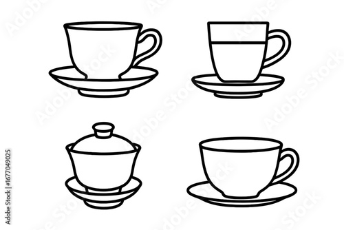 Tea cup icons outline set. Vector line art illustration of teacups, glass mug, Chinese gaiwan. Drinkware, tableware, crockery symbols for cafe menu, beverage, tea time.