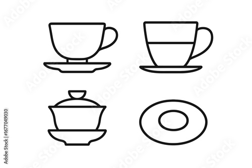 Tea cup icon set vector. Outline linear graphic collection. Porcelain teacup, glass mug, Chinese gaiwan, saucer. Hot drink, beverage, cafe menu element. Isolated illustration.