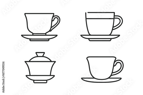 Tea cup outline icon set. Vector collection of teaware symbols, including porcelain and glass cups with saucers, and a chinese gaiwan. Line art for cafe menu design.