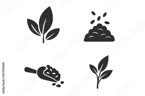 Tea leaf vector icon set. Solid glyphs of loose leaves, dried herbs, pile, and scoop. Botanical, organic, natural tea concept. Green, black, and herbal tea symbols.