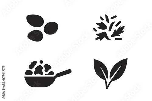 Tea leaf vector icon set. Solid glyph collection of loose leaf tea, dried herbs, botanicals, and fresh sprig. Includes tea scoop symbol. Black silhouette design elements.