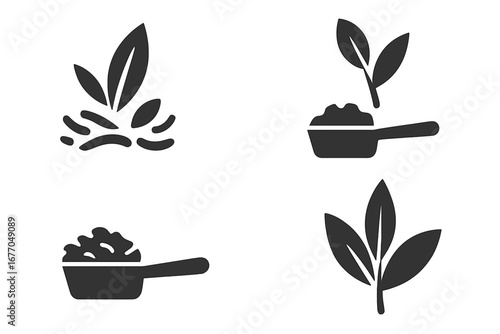 Tea leaf solid icons. Vector glyph set of loose leaves, dried herbs, botanicals, and tea scoop. Concept for organic beverage, natural product, herbal tea, and cafe menu.