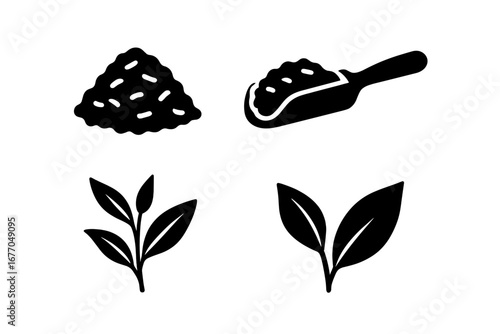 Tea leaf icon set. Solid black glyphs. Loose dried leaves, pile of tea, scoop, and botanical sprig. Vector symbols for organic beverage, herbal products, and natural drinks.