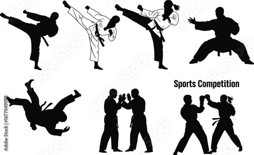 Martial arts silhouette, dynamic fighter pose, sports competition vector, black figure illustration, high kick stance, sparring action, combat movement, white background