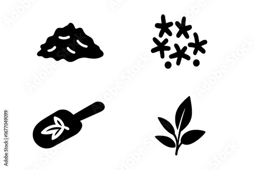 Tea leaf glyph icon set. Vector solid icons of loose leaf tea, dried herbs, botanicals, scoop, and sprig. Natural organic beverage, tea ceremony, and cafe concepts.