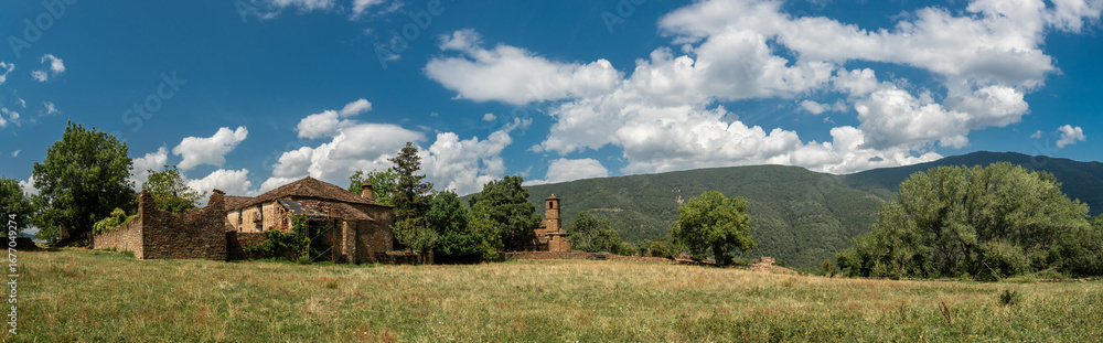 Fototapeta premium Panoramic landscape with Susín church on background, medieval town in Aragón (Spain).