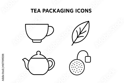 Tea icon set for packaging design. Vector outline symbols of teacup, teapot, leaf, and infuser. Minimalist line art for herbal beverage, cafe menu, and branding graphics.