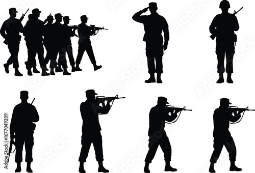 Military soldier silhouette, armed forces vector, rifle pose illustration, combat stance design, black figure artwork, saluting troop, white background, war concept