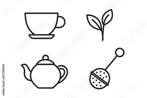 Tea icon set outline vector graphic. Linear symbols for tea brewing. Teacup on saucer, teapot, green tea leaf, infuser strainer. For packaging, cafe menu, herbal beverage.