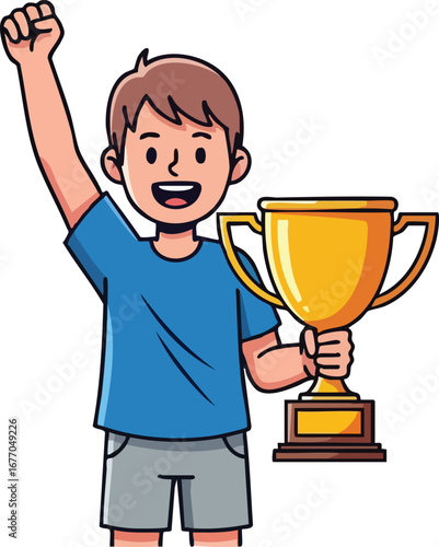 Happy cartoon boy celebrating victory holding a golden trophy cup kid child person winner