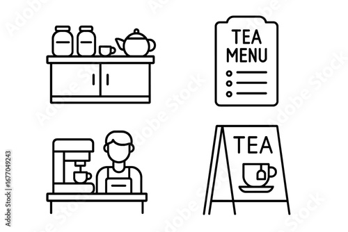 Tea shop and cafe outline icon set. Vector linear illustration of coffeehouse elements like a barista, counter display, menu board, teapot, cup, and a chalkboard sign.