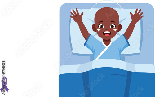 Happy child cancer patient in bed illustration hospital illness  illness  hope  strength  smile  support