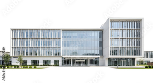 Symmetrical front elevation of a contemporary business center, a testament to minimalist architectural innovation and design