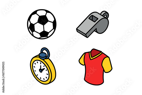 Soccer football sport icon set. Vector illustration of game equipment. Includes ball, referee whistle, stopwatch and team jersey. For match, competition or training concept.
