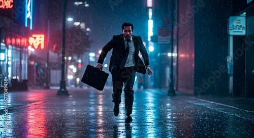 Business man in suit running fast with briefcase on wet city street under heavy rain at night.