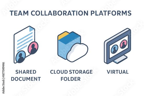 Team collaboration platform icons. Isometric flat icon set for remote work. Shared document, cloud storage folder, virtual meeting. Business technology vector illustration.