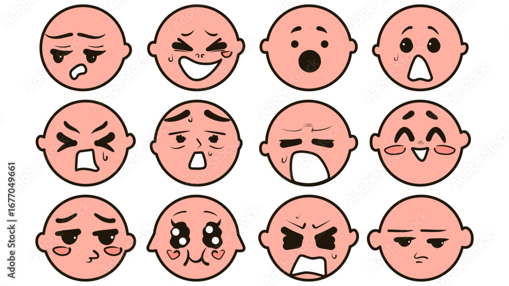 Fototapeta premium Cute doodle face set. Various anime faces stickers. Manga style vector illustration. 