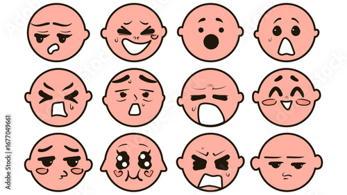 Cute doodle face set. Various anime faces stickers. Manga style vector illustration.	