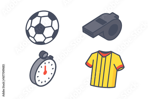 Soccer sport icon set. Isometric vector illustration of football equipment. Referee whistle, stopwatch, and jersey for game, match, or tournament. Flat design elements.