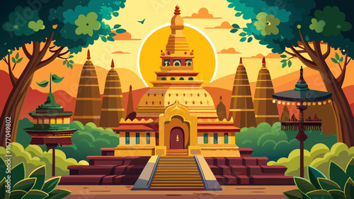 The Mahabodhi Temple Complex in Bodh Gaya, India radiates serenity, where the sacred Bodhi tree and intricate carvings mark the birthplace of Buddhist enlightenment and spiritual pilgrimage.