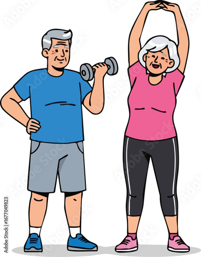 Happy senior couple exercising for health and wellness elderly man woman old
