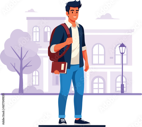 Happy student walking to college campus university education learning  campus  walking  lifestyle  urban  jeans