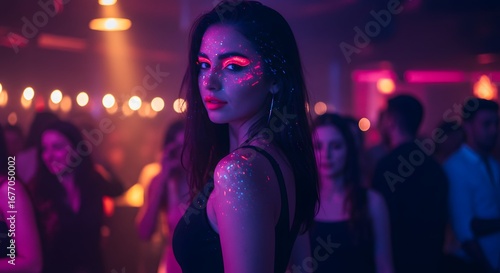 Woman with neon makeup glows at a party, vibrant and captivating in the lively atmosphere.