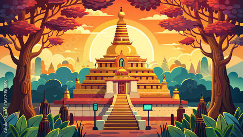The Mahabodhi Temple Complex in Bodh Gaya, India radiates serenity, where the sacred Bodhi tree and intricate carvings mark the birthplace of Buddhist enlightenment and spiritual pilgrimage.