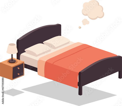 Isometric bed with nightstand and dream bubble illustration bedroom furniture bedside table