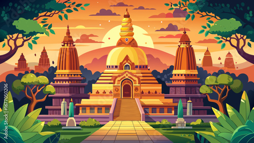 The Mahabodhi Temple Complex in Bodh Gaya, India radiates serenity, where the sacred Bodhi tree and intricate carvings mark the birthplace of Buddhist enlightenment and spiritual pilgrimage.