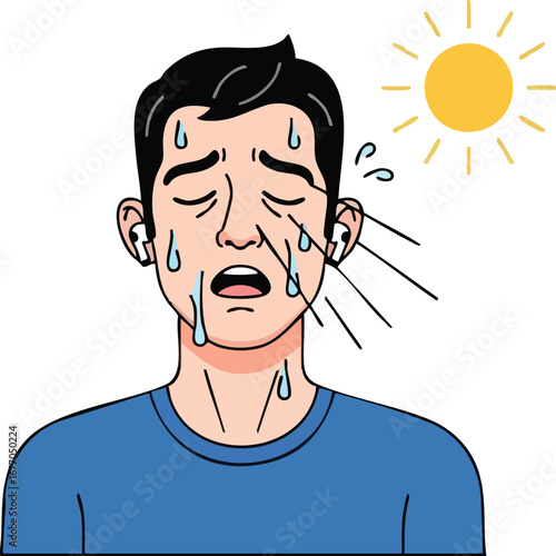 Man sweating profusely in hot weather illustration sweat sun heat  expression  dehydration  face  change