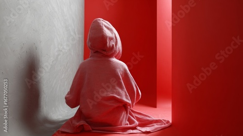 Person in red hood sitting by minimal wall for artistic lifestyle photography background concept