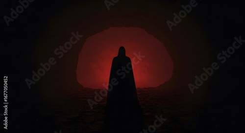 Mysterious cloaked figure stands before a glowing cave, engulfed in eerie darkness and an ominous red glow.