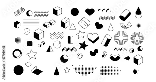 Set of monochrome 3D geometric shapes and abstract graphic design elements