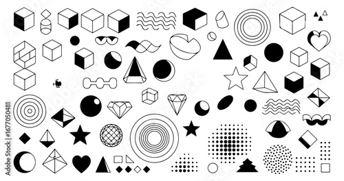 Monochrome collection of universal geometric forms and abstract traced vector elements