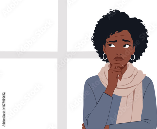 Pensive african american woman with hand on chin thinking thoughtful  doubt  isolated  vector  concerned