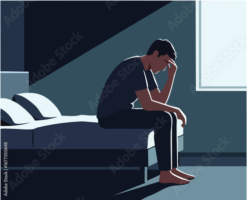 Sad and depressed man sitting alone on his bed in a dark room person