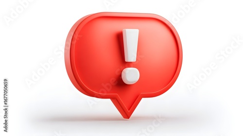 A 3d red speech bubble with an exclamation mark inside, symbolizing alert or warning
